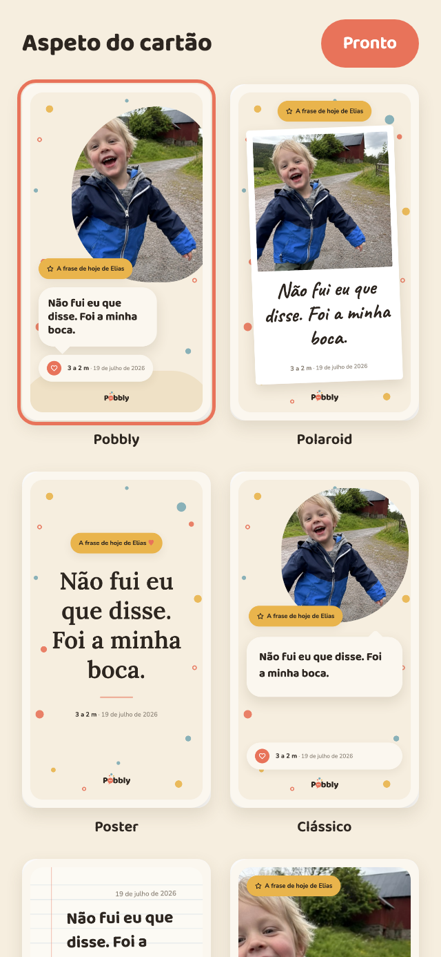 O ecrã do aspeto do cartão no Pobbly: seis cartões lado a lado com a mesma frase do Elias, cada um com um aspeto diferente – Pobbly, Polaroid, Poster, Clássico, Carta e Fotografia inteira.