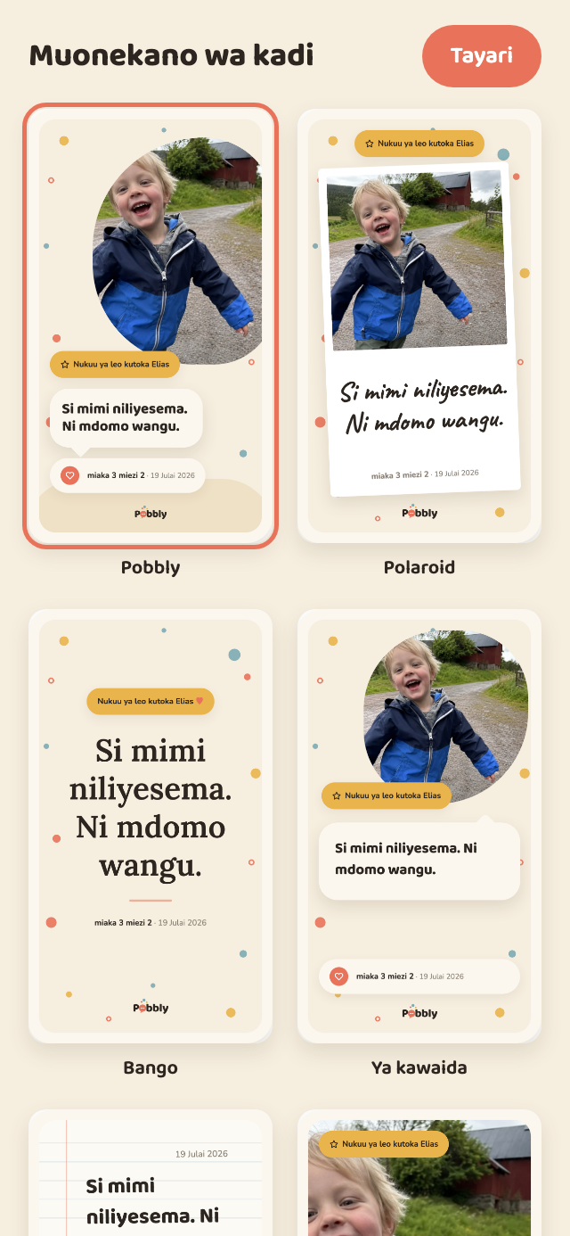 Skrini ya muonekano wa kadi ndani ya Pobbly: kadi sita kando kwa kando zenye nukuu ile ile ya Elias, kila moja na muonekano tofauti – Pobbly, Polaroid, Bango, Ya kawaida, Barua na Picha nzima.