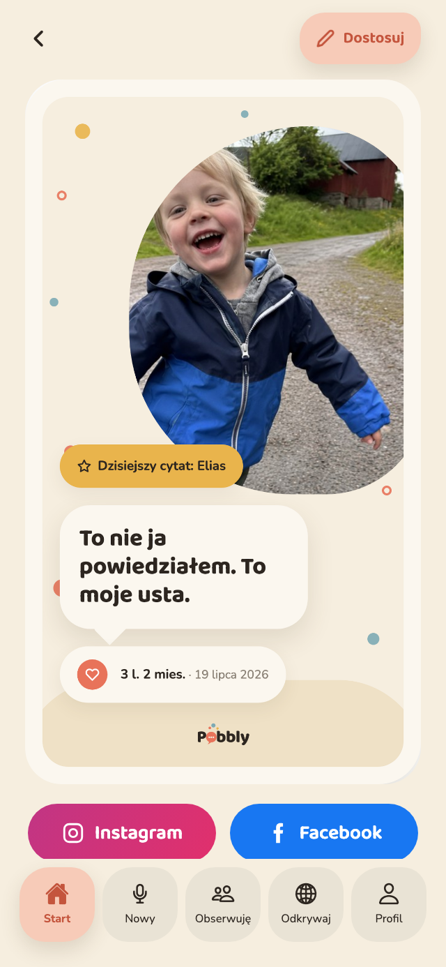Kartka z Pobbly na iPhonie: okrągłe zdjęcie Eliasa nad dużym dymkiem z cytatem 'To nie ja powiedziałem. To moje usta.', jego wiek i data, a na dole przyciski do udostępnienia na Instagramie i Facebooku.