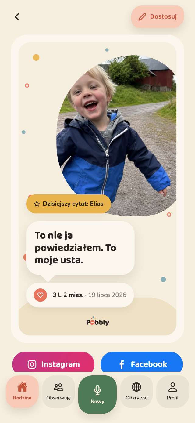 Kartka z Pobbly na iPhonie: okrągłe zdjęcie Eliasa nad dużym dymkiem z cytatem 'To nie ja powiedziałem. To moje usta.', jego wiek i data, a na dole przyciski do udostępnienia na Instagramie i Facebooku.