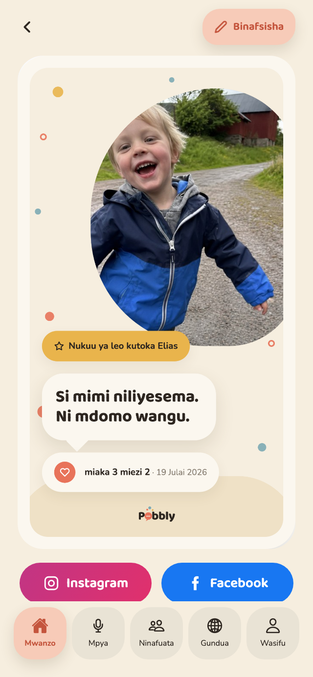 Kadi ya Pobbly kwenye iPhone: picha ya duara ya Elias juu ya kiputo kikubwa chenye nukuu 'Si mimi niliyesema. Ni mdomo wangu.', umri wake na tarehe, na vitufe vya kushiriki kwenye Instagram na Facebook chini.