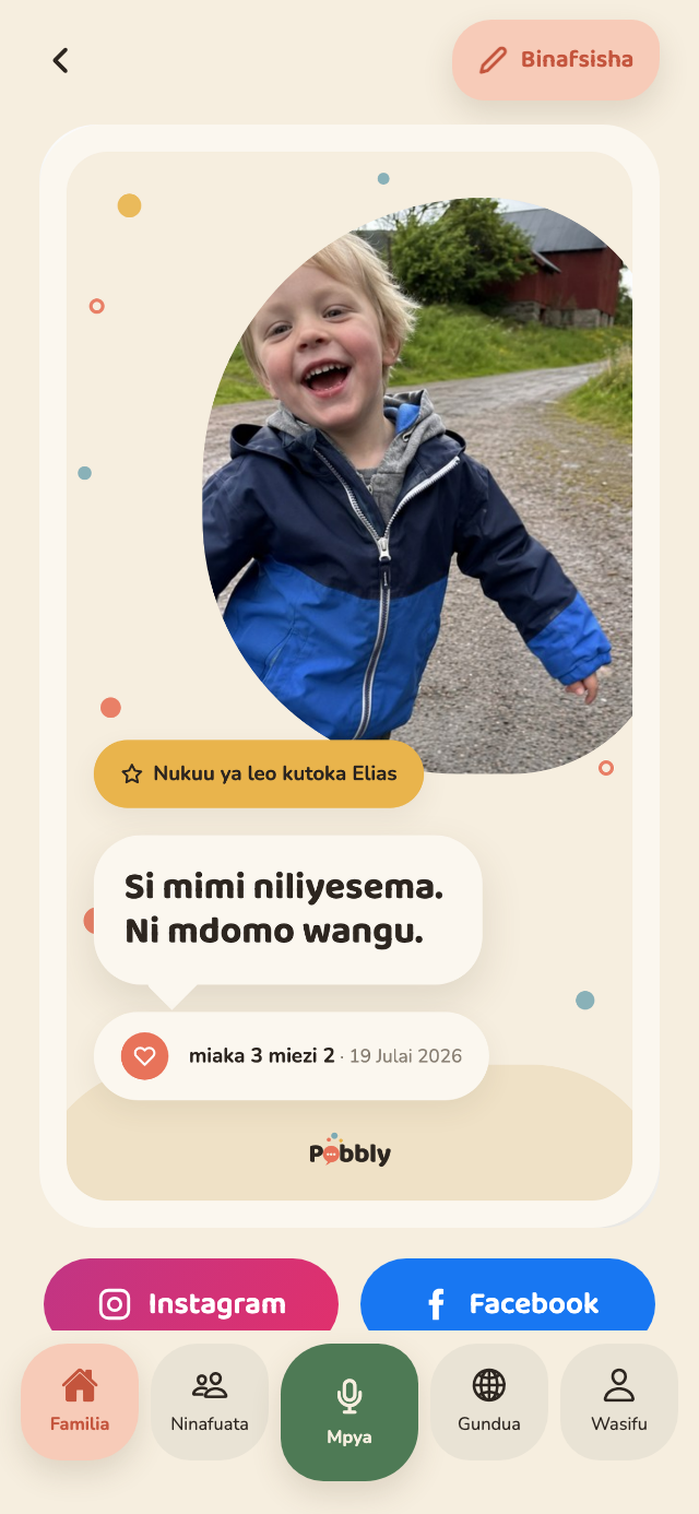 Kadi ya Pobbly kwenye iPhone: picha ya duara ya Elias juu ya kiputo kikubwa chenye nukuu 'Si mimi niliyesema. Ni mdomo wangu.', umri wake na tarehe, na vitufe vya kushiriki kwenye Instagram na Facebook chini.