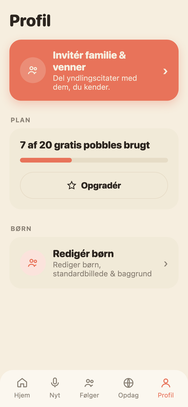 Profilsiden i Pobbly, hvor man ser sin plan, kan invitere familie og venner, og vælge mellem børnene Carla, Elias og Sara.