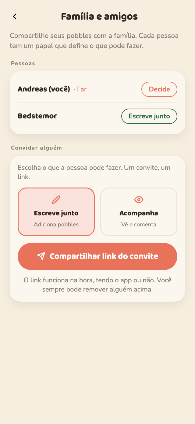 A tela Família e amigos no Pobbly, onde se vê quem faz parte e o papel de cada um, e um botão para compartilhar um link de convite.