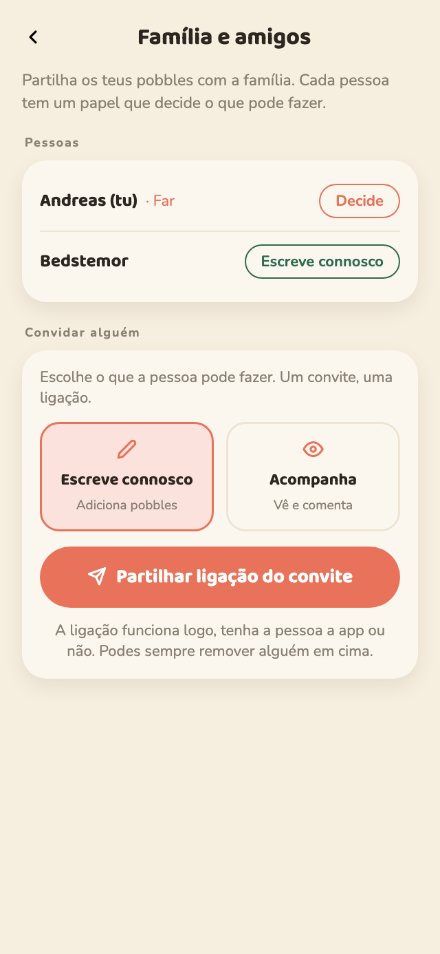 O ecrã Família e amigos no Pobbly, onde se vê quem faz parte e o papel de cada um, e um botão para partilhar uma ligação de convite.