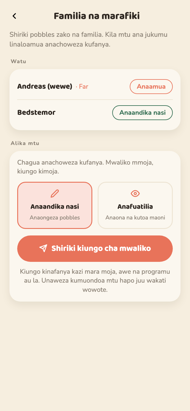 Skrini ya Familia na marafiki ndani ya Pobbly, ambapo unaona nani yumo na jukumu la kila mmoja, na kitufe cha kushiriki kiungo cha mwaliko.