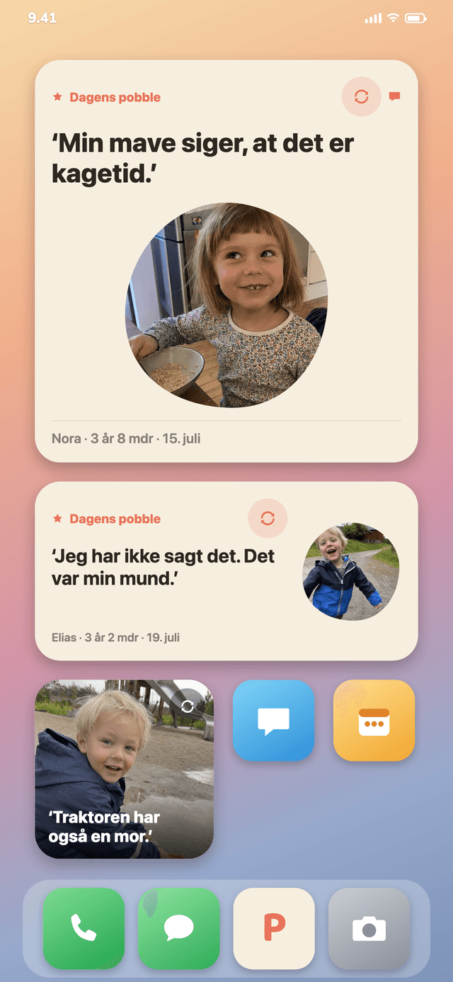 Pobbly som widget på hjemmeskærmen med dagens citat og billede