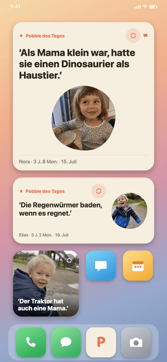 Pobbly als Widget auf dem Home-Bildschirm mit dem Zitat des Tages und einem Foto
