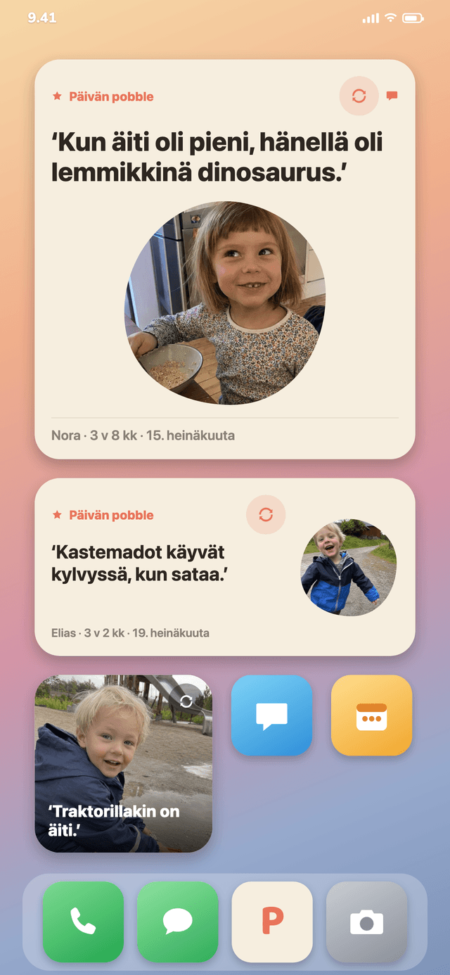 Pobbly widgetinä kotinäytöllä, näkyvissä päivän sitaatti ja kuva