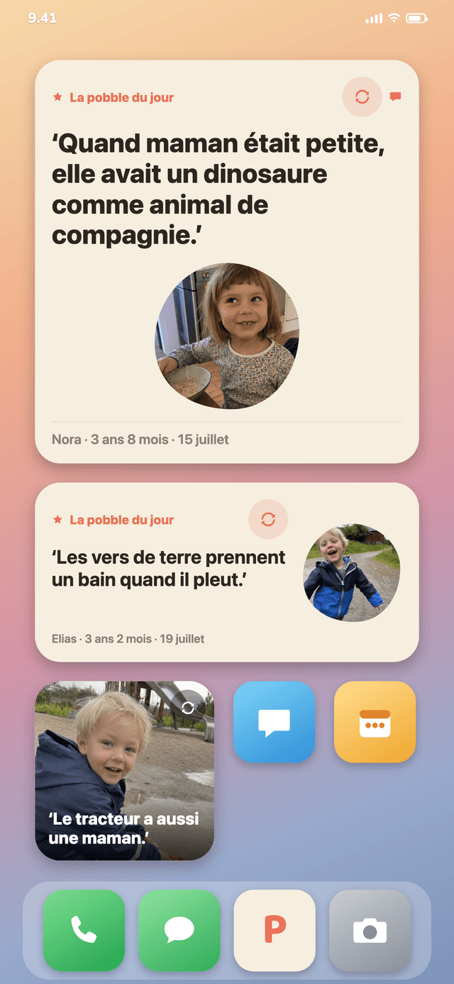 Pobbly en widget sur l’écran d’accueil avec la citation du jour et une photo