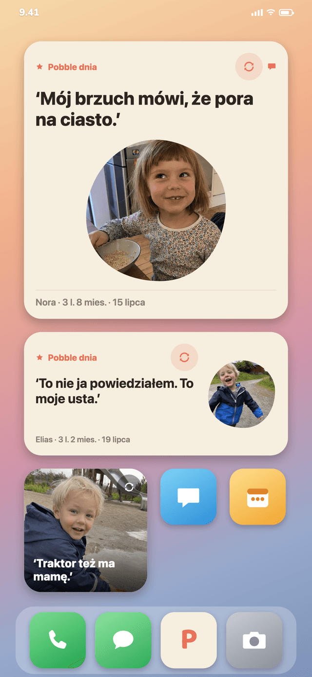 Pobbly jako widżet na ekranie głównym z cytatem dnia i zdjęciem