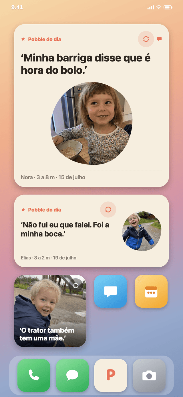 Pobbly como widget na tela de início com a frase do dia e uma foto