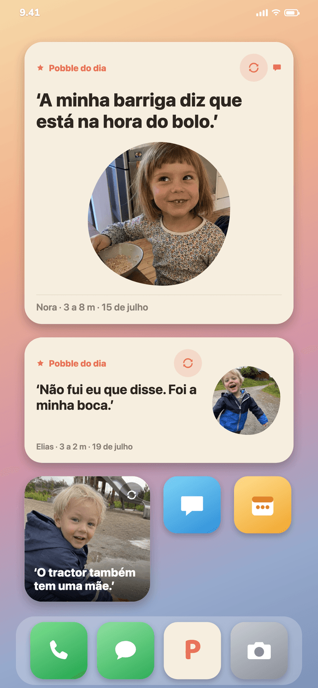 Pobbly como widget no ecrã principal com a frase do dia e uma foto